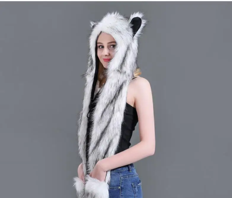 Women Fashion Wolf Ears Paws Faux Fur 3 in 1 women\'s  Hat Scarf Mittens Winter Warm Cap Wolf Hat