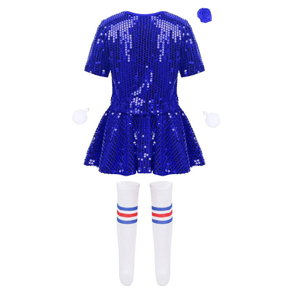 TiaoBug Kids Girls Stage Performance Team Dance Costume Sequins Crop Top with Skirt Shorts Flower Socks Set Cheerleading Uniform