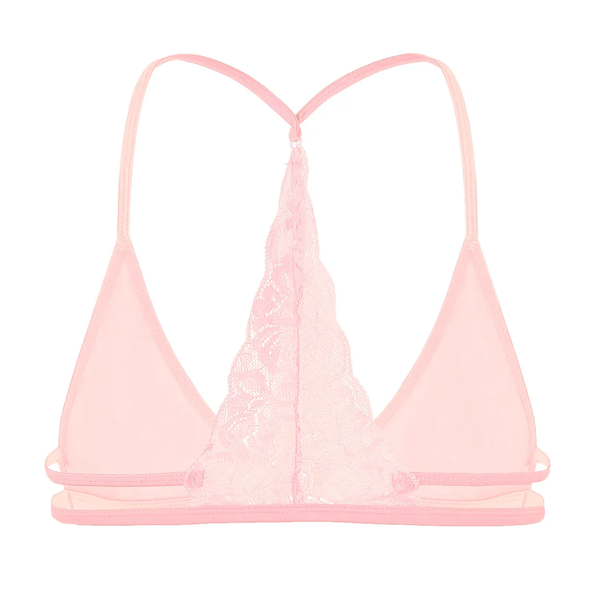 Mens Sissy See Through Sheer Lace Y-Back Wire-free Unlined Bra Tops Crossdressing Triangle Bralette Training Bra Underwear