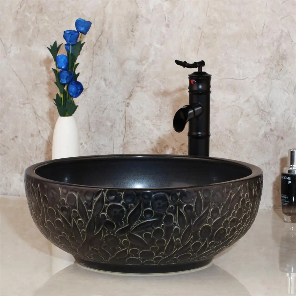YANKSMART Lavatory Bathroom Ceramic Vanity Sink Brass Faucet Mixer Water Tap Washbasin Set Bamboo Waterfall Basin Tap Combo Kit