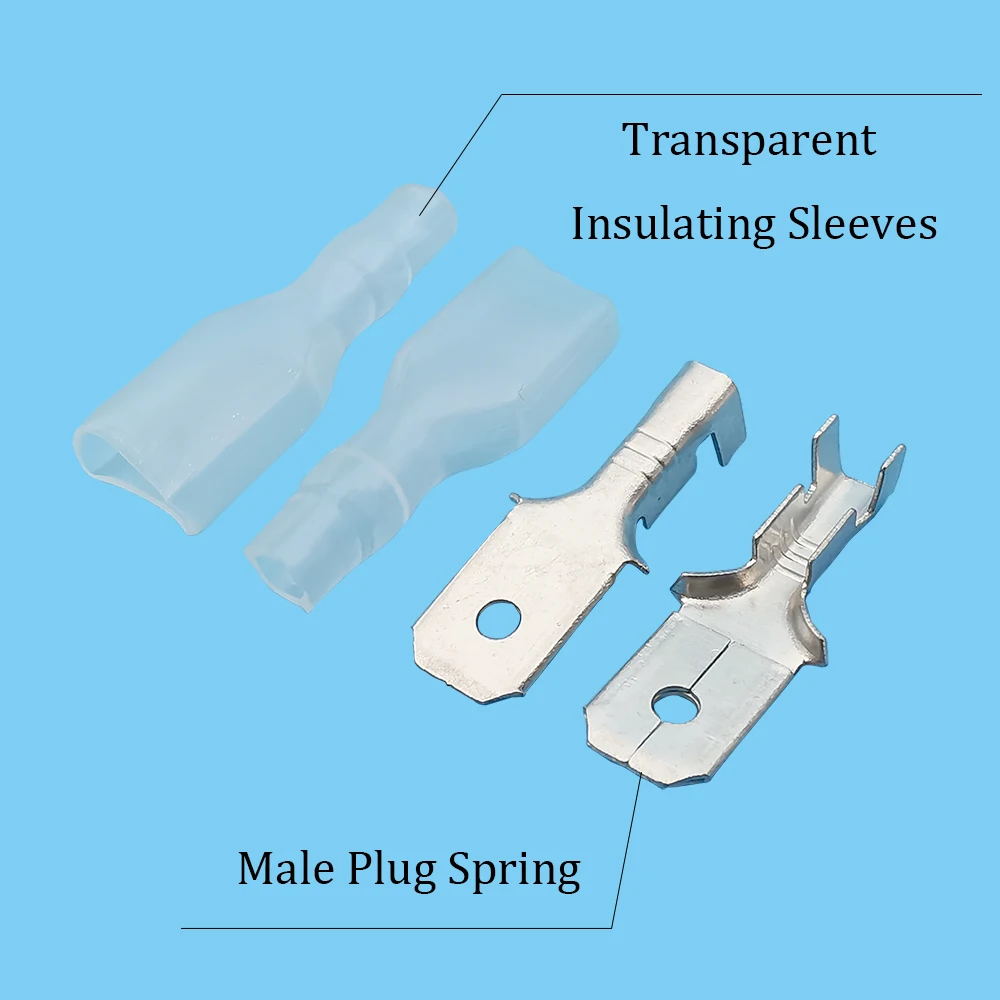 6.3mm Insulated Male Spade Crimp Terminal Kit With Transparent Sleeves Plug Spring Leaf Electrical Cable Switch Wire Connector