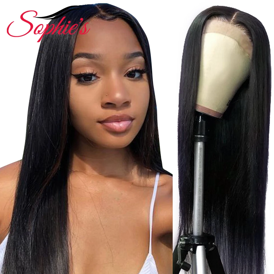 Sophie's-pelucas de cabello humano para mujeres negras, pelo brasileño con cierre de encaje 4x4, no Remy, liso, de bebé, 150% de densidad