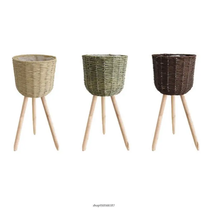 Nordic Floor Woven Round Storage Basket with Wooden Legs Plant Pot Stand Holder Flowerpot Planter 21 wholesales