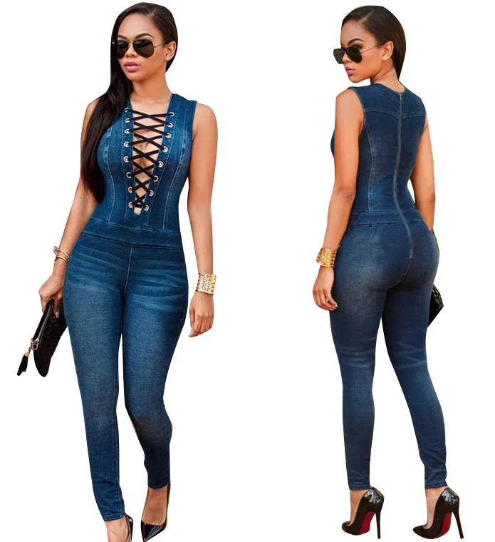 

Sleeveless Bandage Denim Rompers Jeans Jumpsuit Sexy Hollow Out Summer Elegant Overalls for Women Pants Jean Feminino Femme