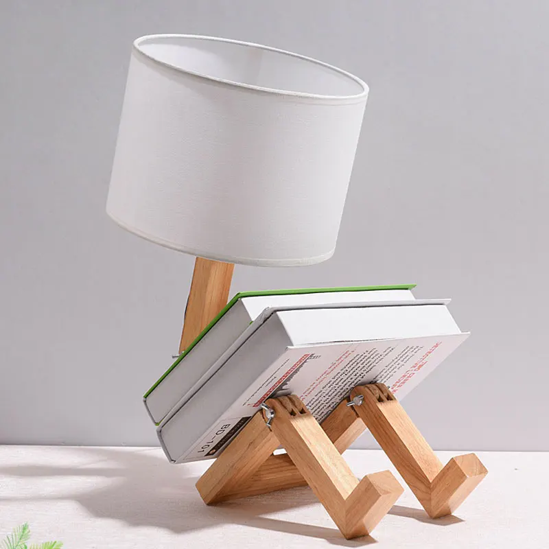 Nordic Robot Wood Table Lamps for Living Room Solid Wooden Fabric Lampshade Desk Lamp Bedroom Bedside Nightstand Light Fixtures