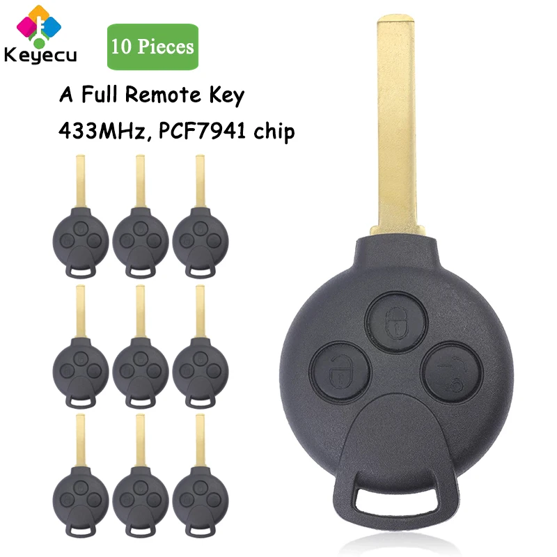 KEYECU 10 Pieces Remote Car Key With 3 Button 433MHz PCF7941 Chip for Smart Fortwo 451 2007 2008 2009 2010 2011 2012 2013 2014