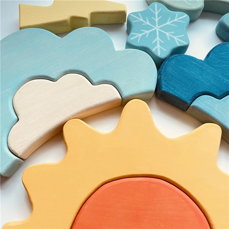 Kids Weather Blocks Stacker Nordic Wood Toys Creative Blue Cloud Snow Sun Blocks Baby Montessori Educational Toys for Children