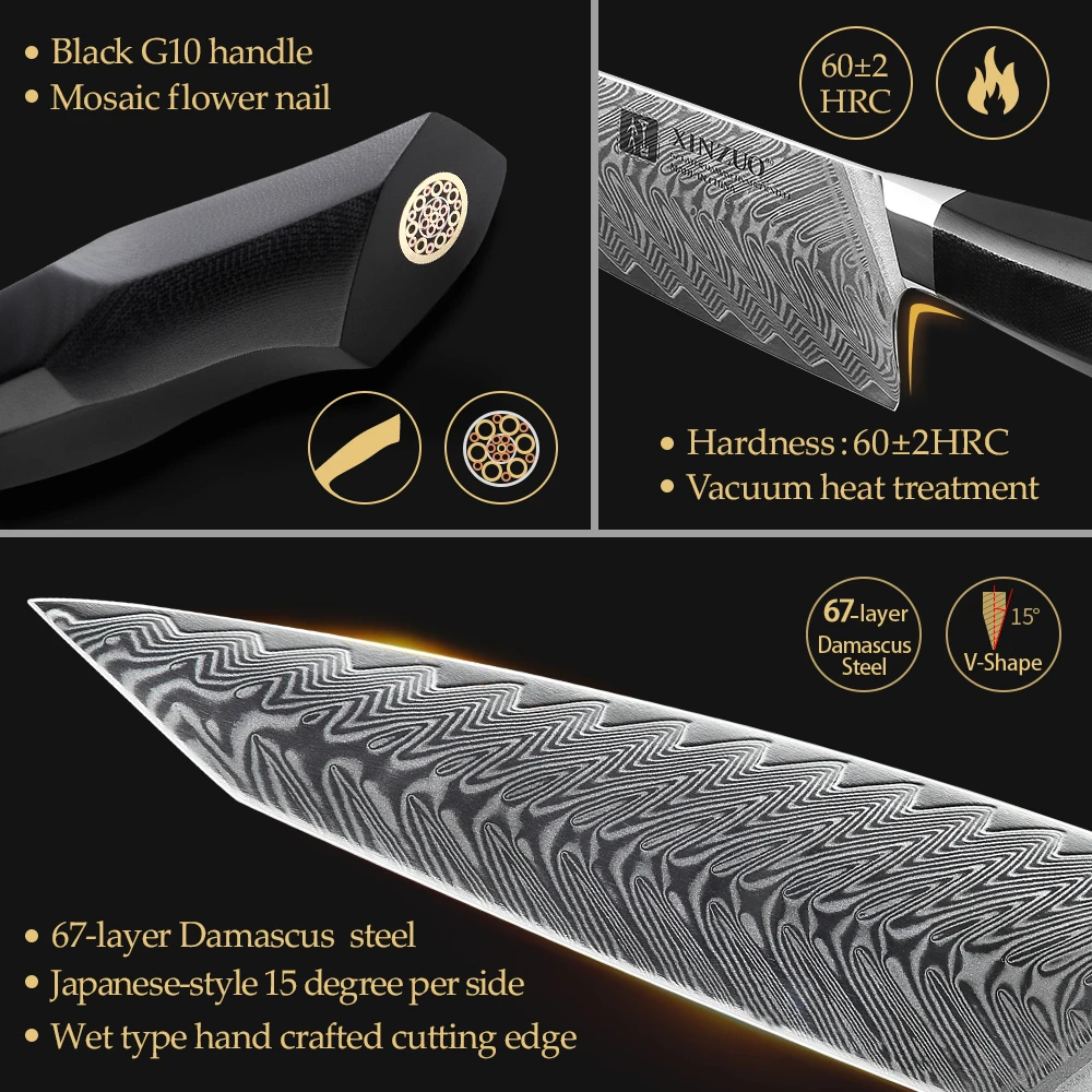 XINZUO 8.5\'\' Inches Chef Kitchen Knives Damascus Steel Vegetable Meat Knife with G10 + Mosaic Brass Rivet Handle Cooking Knife