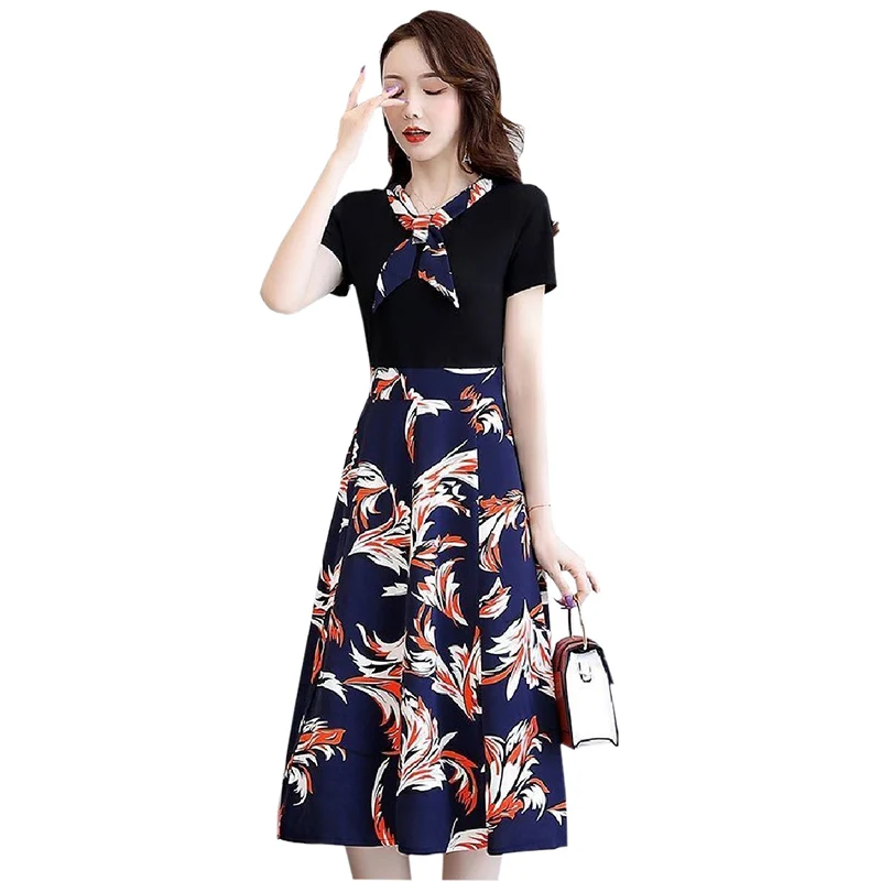 2022 New Fashion Spring Summer Print Dress Women Short Sleeve Chiffon Slim Elegant A-Line Dresses Pullover Office Clothes KW511