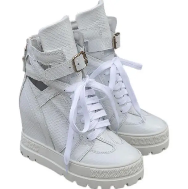 Spring New Girls White Height Increasing 10 cm Wedge Sneakers Woman Thick Sole Platform Cuts Out Lace Up Front Short Ankle Boots