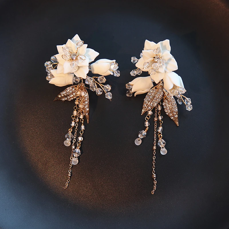 Handmade White Floral Bridal Drop Earrings Wedding Accessories Rhinestone Women Earring Jewelry