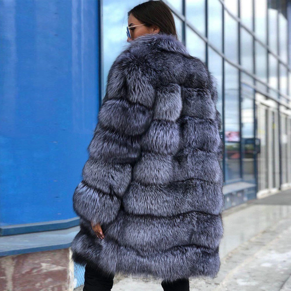 Fashion Long Silver Fox Fur Coats for Women Winter New 2022 Woman Natural Whole Skin Fox Fur Coat Stand Collar Warm Fur Outwear