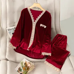 Conjunto pijama de veludo manga comprida feminino, roupão macio, pijamas soltos, camisa e calça, conjunto casual para dormir, roupa de dormir outono e inverno, 2 peças