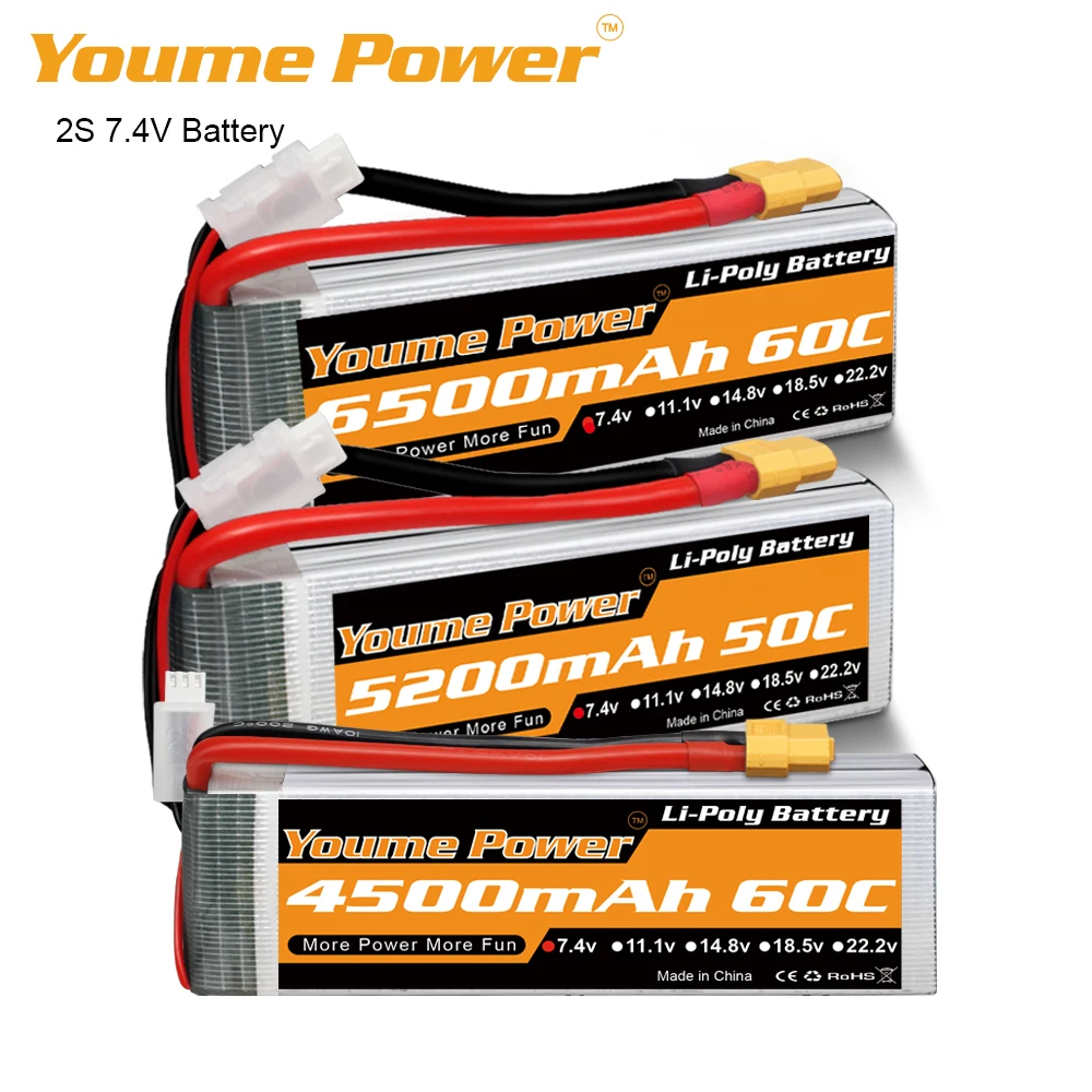 Youme 2S Lipo Battery 7.4V 3300mah 5200mah 6200mah 6500mah Drone Battery 50C With XT60 T Plug For RC Car Truck Boat Helicopter