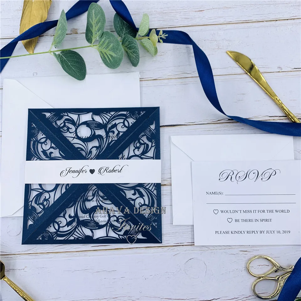 Classic Navy Invites, Square Flower Laser Cut Wrap With Customized Belly Band