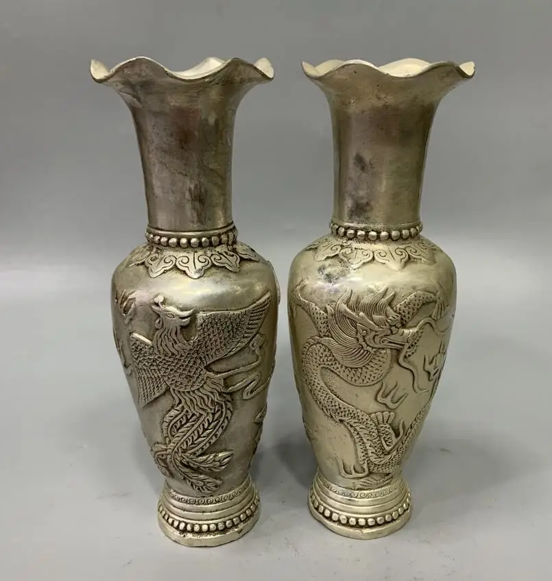 

Archaize White copper dragon phoenix vase sitting room decoration crafts statue A pair