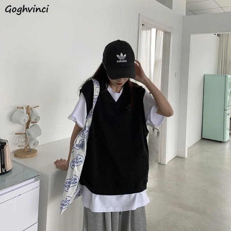 

Women Solid Vests Simple Casual Waistcoats Sleeveless V-neck Loose All-match Students Preppy Korean Style Ulzzang Vintage Female