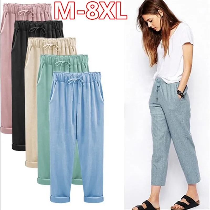 Aó Hậu Cung Quần Thun Vòng Eo Chiều Dài Mắt Cá Chân Quần Cotton Iinen Thường Ngày Plus Kích Thước 5XL 6XL Mujer "Xuân Hè Nữ