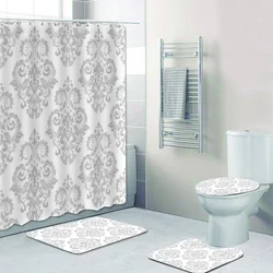 Luxury Silver Gray and White Baroque Shower Curtain Set Victorian Damask Floral Graphic Bathroom Curtain Bath Mats Home Decor