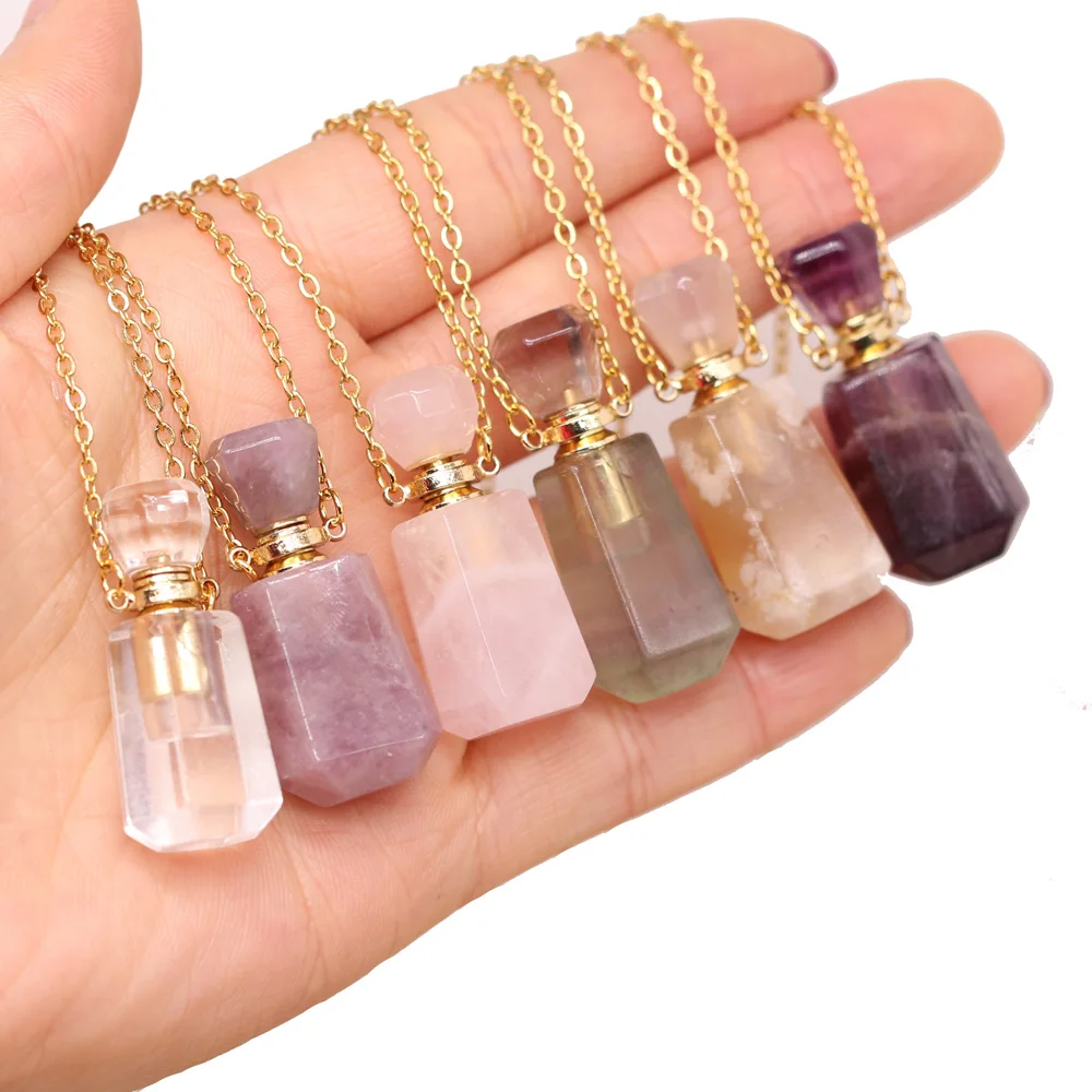 

Natural Gem Stone Perfume Bottle Necklace Essential Oil Diffuser Pendant Amethysts Necklaces for Women Jewelry Gift Wholesale