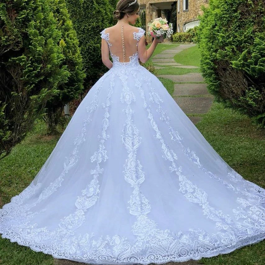 Cheap Illusion Vestido De Noiva Round Neck Ball Gown Princess Appliques For Luxury Wedding Dress Wedding Dress Sexy Mariee Back