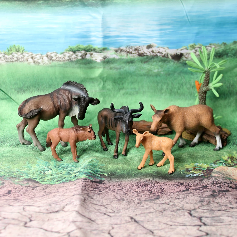 Realistic Hand-Painted Wild Animal Kiang Camel Donkey Wildebeest Family Set Model Collectible Figure Educational Toy Cake Topper