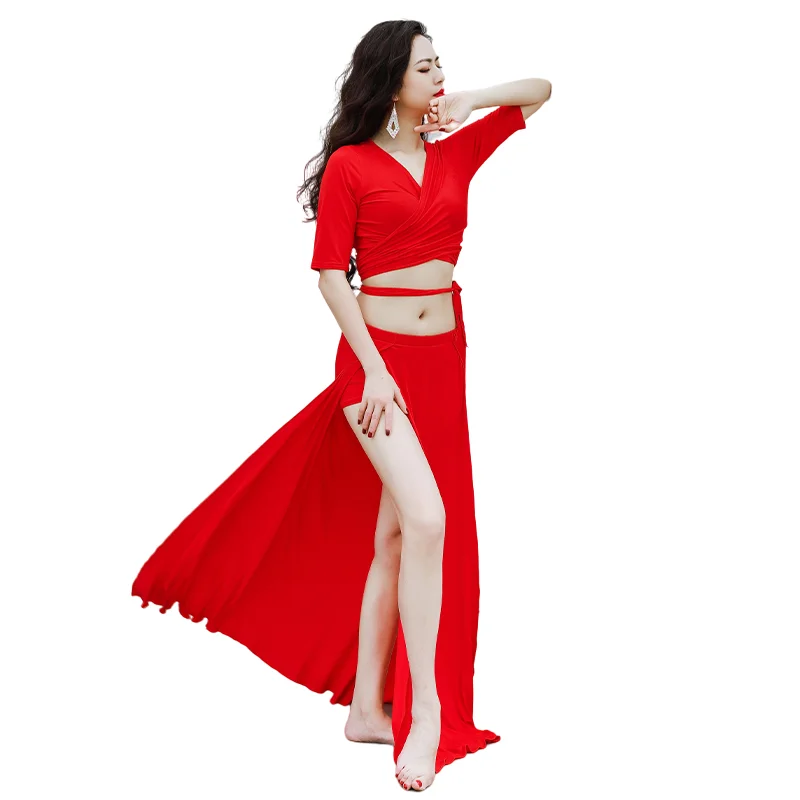 Professionele Buikdansen Kostuum Vrouwen 2 Stuk Modale Praktijk Lange Rok Oosterse Team Dance Outfit Rode Groothandel
