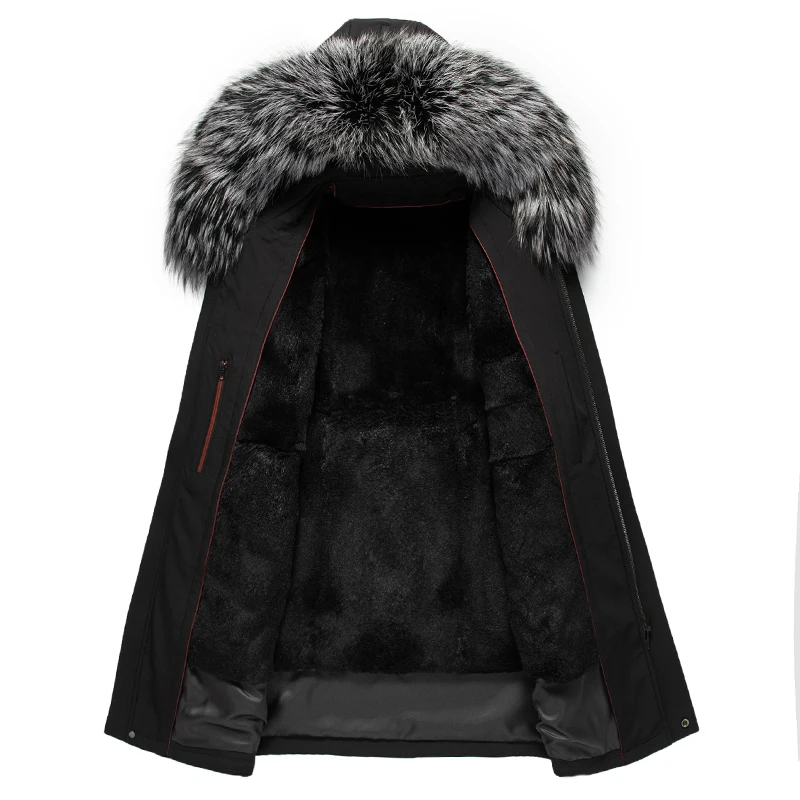 2025 جواكت شتوية الرجال الدافئة كبيرة الثعلب الفراء طوق معاطف سوداء جاكيتات للرجال منتصف طول معاطف الفراء في الهواء الطلق ، أحجام كبيرة M-4XL