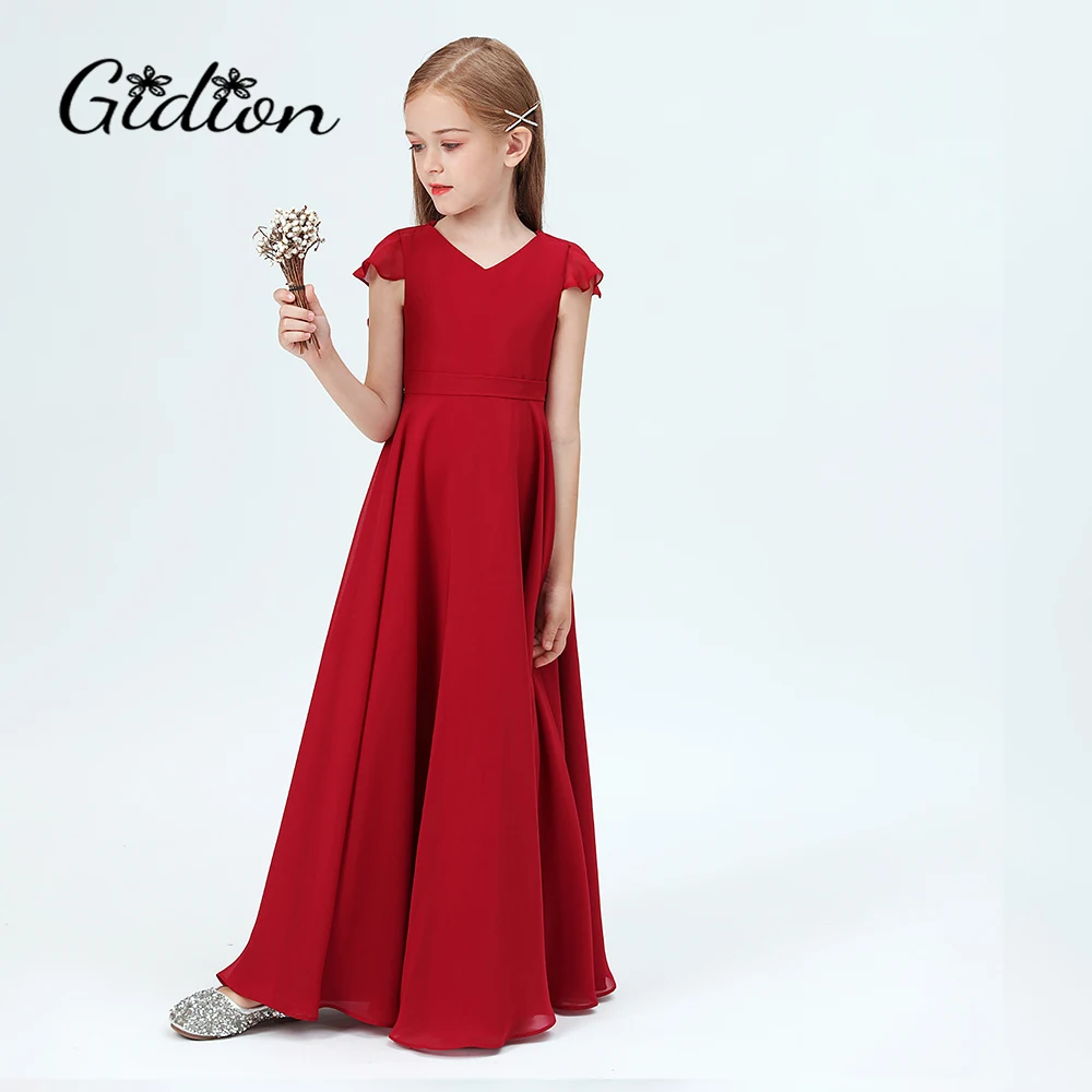 V-neck Chiffon For Children Birthday Evening Party Ceremony Wedding  Graduation Ball-Gown Pageant Banquet Prom Event Celebration