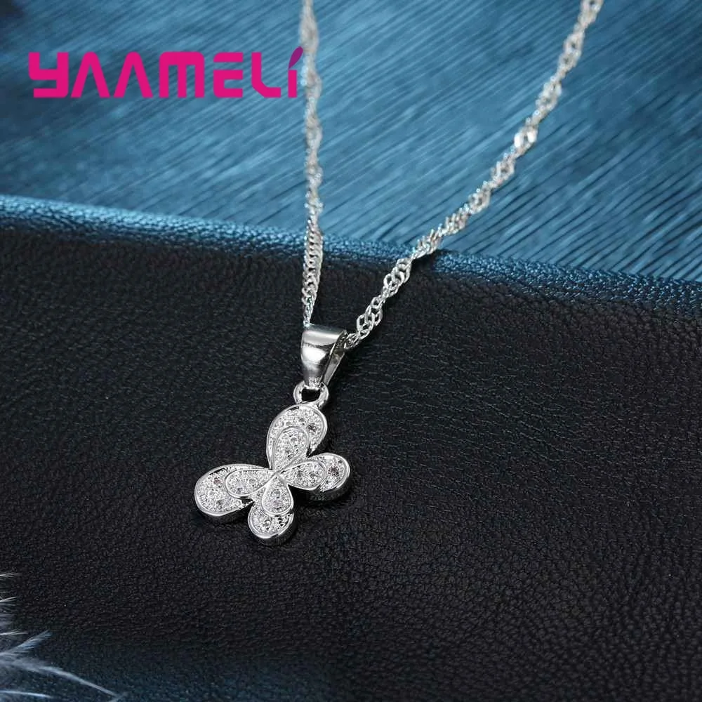 100% Real 925 Sterling Silver Jewelry Sets For Women Gifts Cubic Zirconia Inlay Paved Butterfly Bridal Necklace Earrings