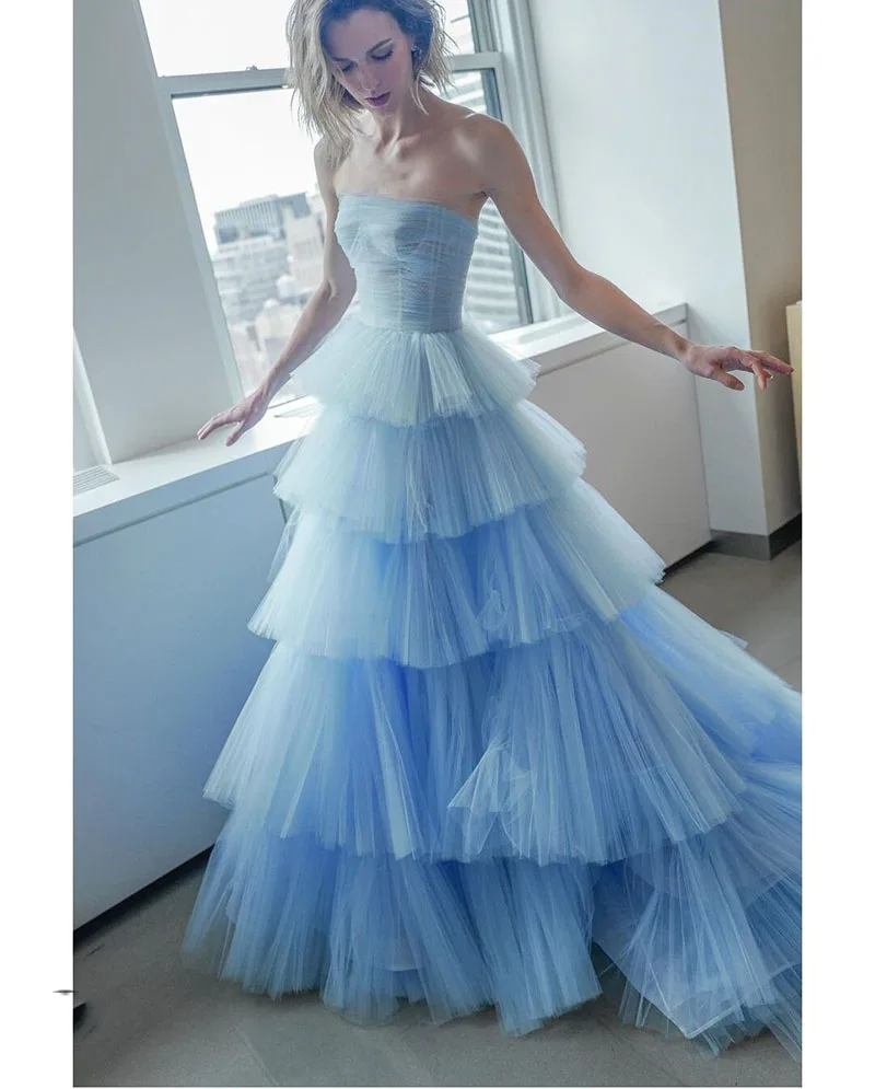 New A Line Prom Dress Blue Elegant Tiered Tulle Women Formal Dress Long Celebrity Dress Prom Party Gowns