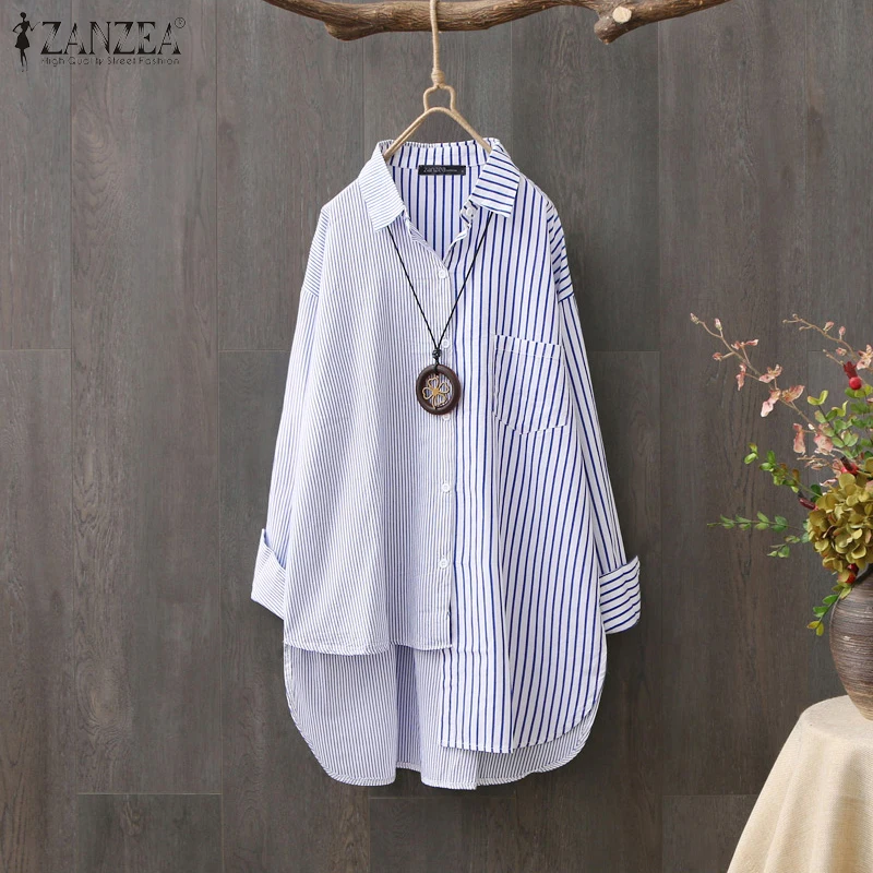 Women\'s Striped Shirts ZANZEA 2023 Elegant Asymmetrical Tops Casual Long Sleeve Blusas Female Button Patchwork Tunic Oversized