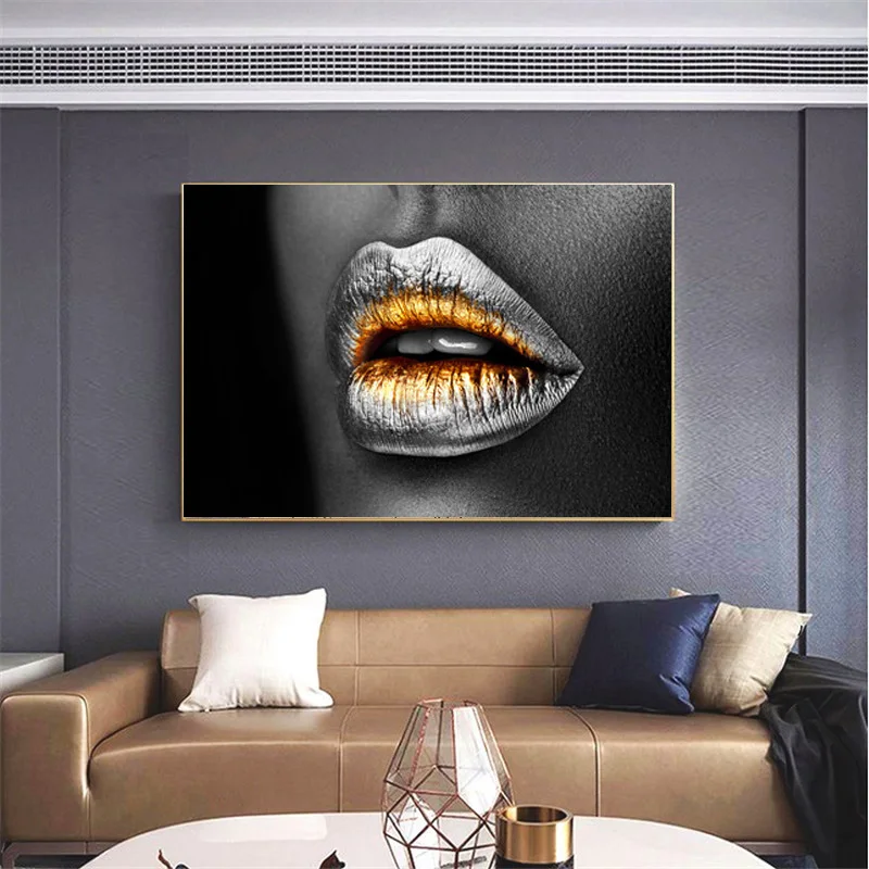 Sexy Mouth Golden Lips Painting Canvas Prints Wall Art Pictures For Living Room Modern Home Decor Black Sliver Lips Cuadros