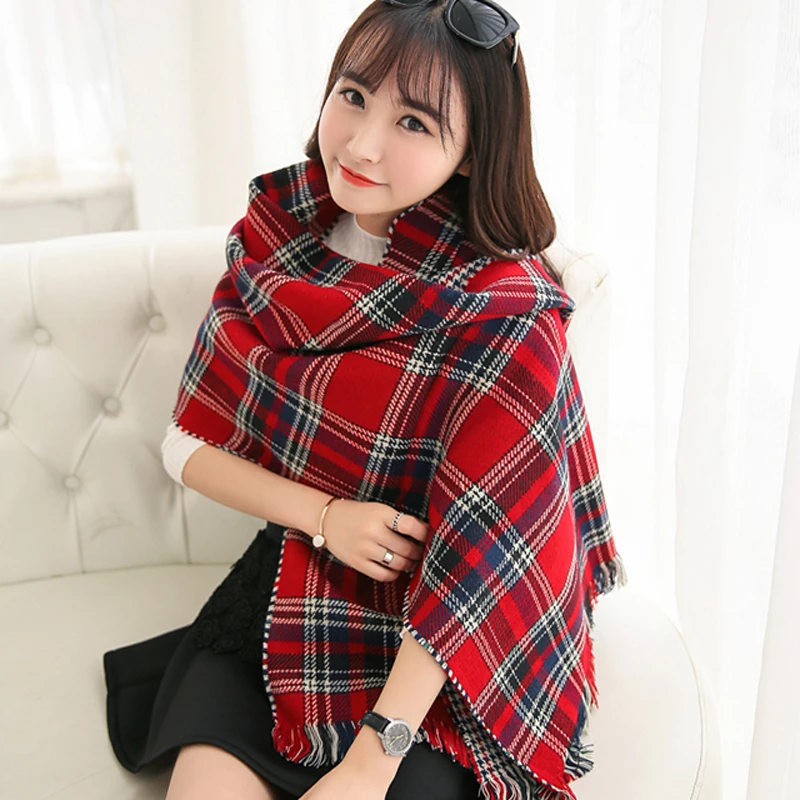 Women Red Faux Cashmere Shawl 2021 Double Faced Plaid Blanket Scarf New Winter Brand Scarf Celebrity Womens Fall Fashion Cape