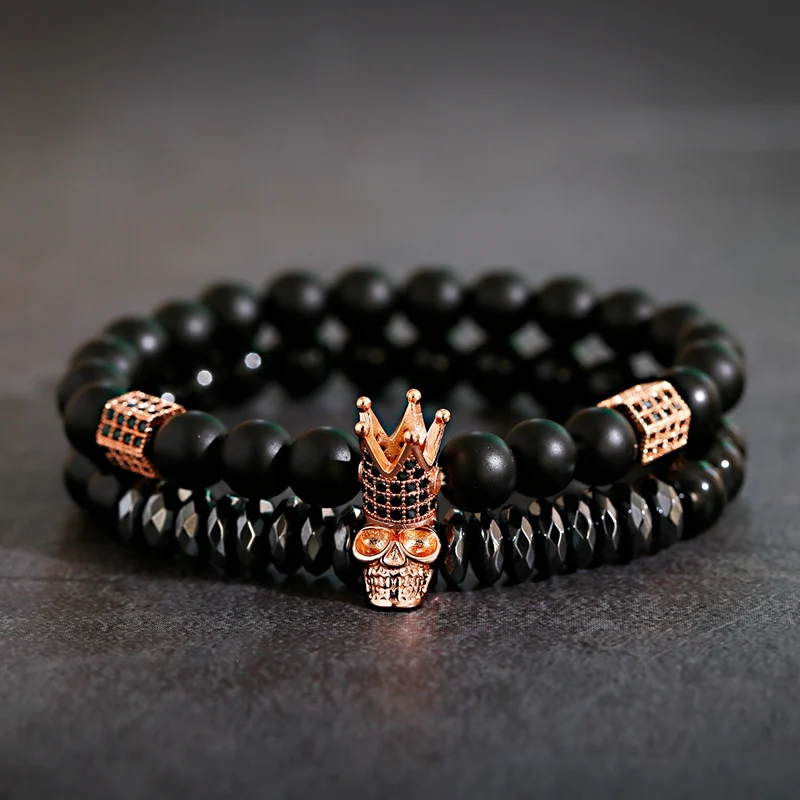 Copper CZ Crystal Crown Skeleton Beads Bracelet Men Natural Black Hematite Frosted Stone Bnagles Bracelets Luxury Couple Jewelry