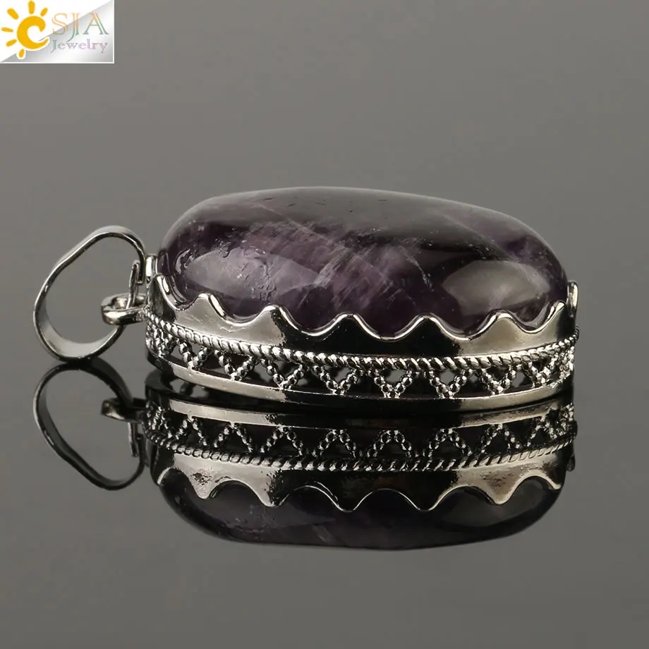 CSJA Natural Gem Stone Crown Pendant for DIY Necklace Oval Cabochon Healing Purple Crystal Pink Quartz Charm Female Jewelry G211