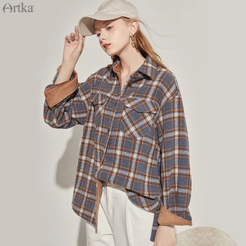 ARTKA 2020 jesień nowy kobiety bluzka w stylu Vintage Plaid koszule na co dzień zagęścić ciepła wełna koszula odzieży luźne sztruksowe koszule SA20100Q