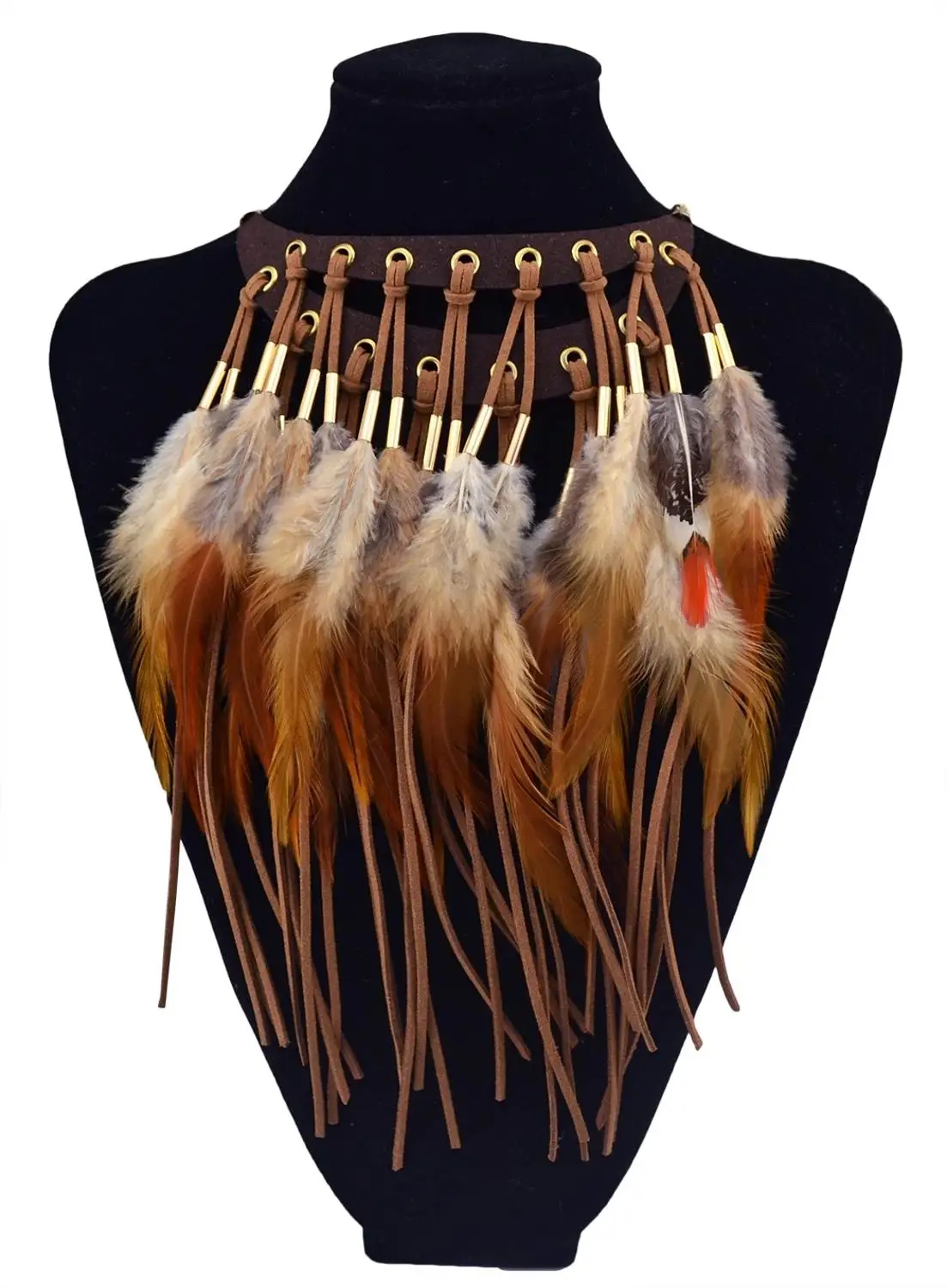 Black Brown Long Feather Pendants Indian Ethnic Necklace Vintage Bohemia African Hyperbole Hippie Charm Collar Statement Jewelry