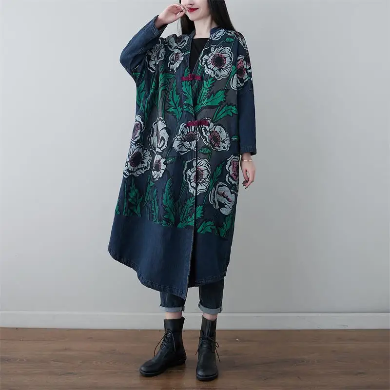 Trench Coat Long Women Windbreaker Casual Drop sleeves Print Loose Outwear Single-breasted Knitted denim Personality Coat