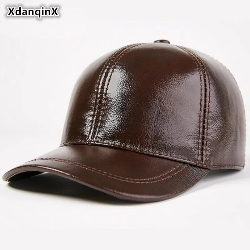 XdanqinX Autumn Winter Men's Warm Genuine Leather Hats Cowhide Leather Baseball Caps Adjustable Size Ponytail Women's Tongue Cap