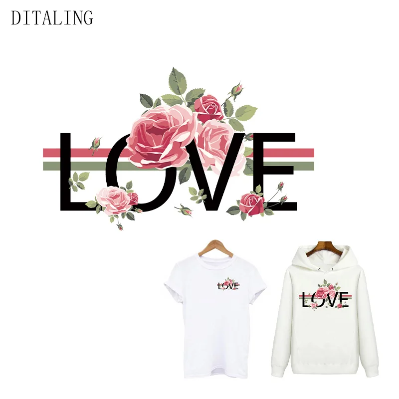 Flower Love Patch Thermal Sticker On Clothes Heat Transfer Vinyl Patch On T-Shirt Tops Fashion Lady Applique DIY Ironing Sticker