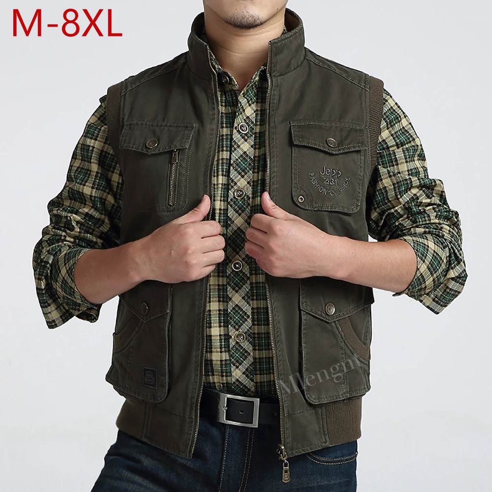 

Men Large Size M-8XL Reversible Vest High Quality 100% Cotton Multi-Pocket Sleeveless Jacket Male Classic ArmyTactical Waistcoat