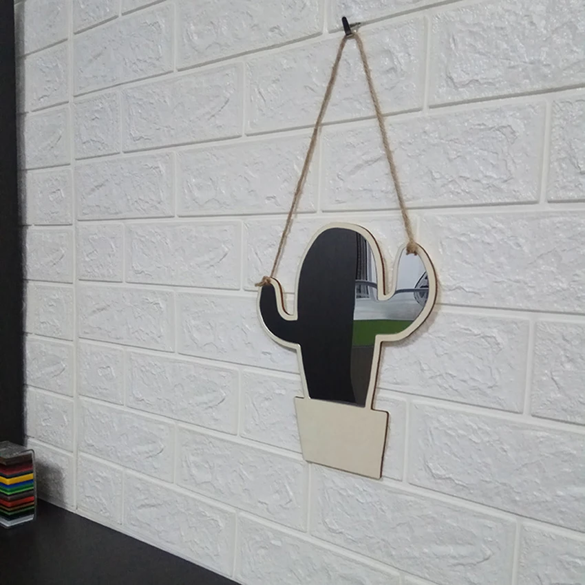 Espelho decorativo acrílico de madeira da vaidade do espelho da parede do cacto com corda de suspensão, espelho dos desenhos animados das crianças para o quarto, decoração de casa