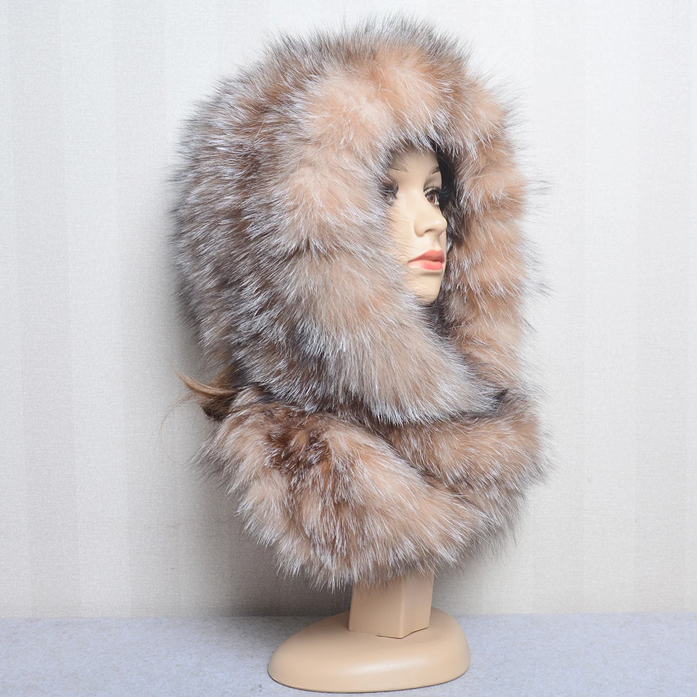 Fox fur hood Volume Hats For Women Winter Warm Novelty Knitted Fur Scarf Hat Stylish Fashionable Genuine Large Female Fur Hat