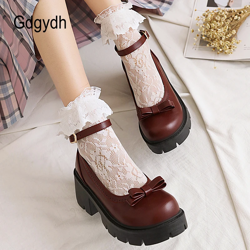 Gdgydh Bowknot Round Toe Ankle Buckle Lolita Shoes Girls Spring Summer Platform Heel Dropship Student Shoes College Girl Lolita