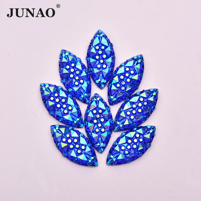 JUNAO 100pcs 7x15mm Blue AB Horse Eye Crystal Resin Rhinestones Glitter Flatback Stones Gems Non Hotfix Strass for Crafts