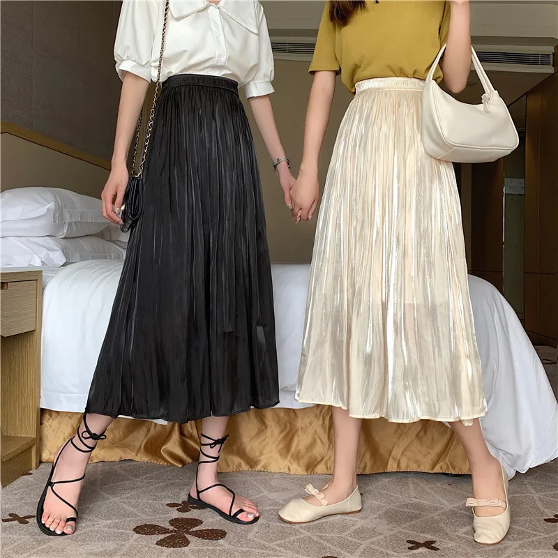 Shiny Satin Skirts Womens Summer Autumn Elastic High Waist Long Skirt Korean Elegant Ladies Girls Black Beige Skirt Pleated