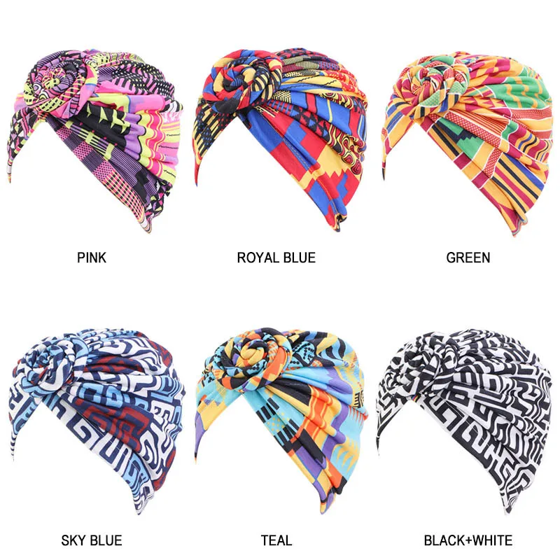 Afrikanische Druck Turban Hut für Frauen Scrunchies Knoten Headwrap Stretch Bandanas Party Headwear Damen Kopftuch Haar Zubehör – Detail 1