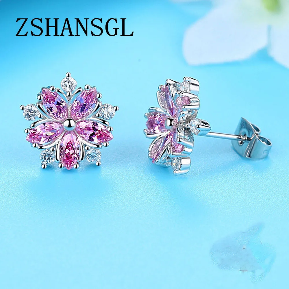 Cute Crystal Female Pink Snowfalke Earrings Fashion plata Wedding Jewelry Boho Small Sakura Flower Stud Earrings For Women