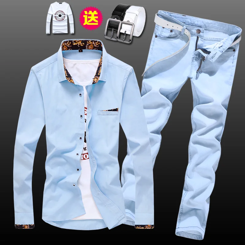 Spring Autumn Men's Long Sleeve Shirt Pencil Pants Jeans Slim Fit 2pcs Set Casual Shirts Trousers for Male Clothing